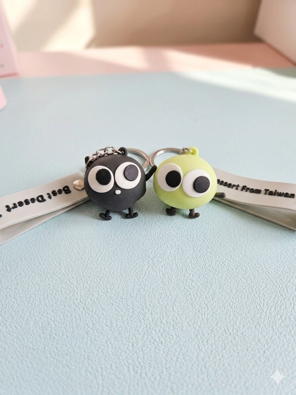 2X Cute Round Monster Keychain Pair - Black & Light Green